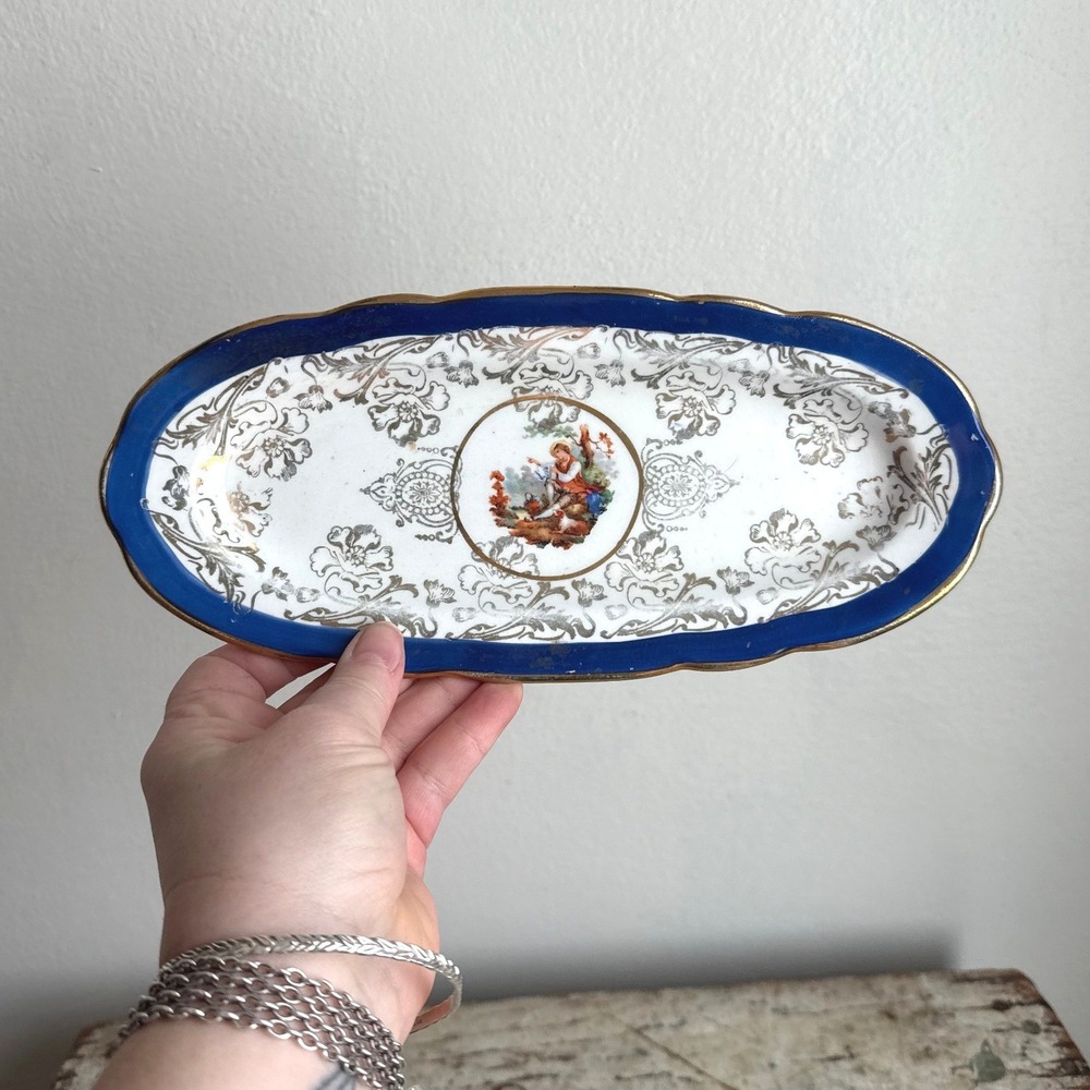 Vintage Syracuse China O.P. Co Cobalt Blue Gold Filigree Pastoral Trinket Dish
